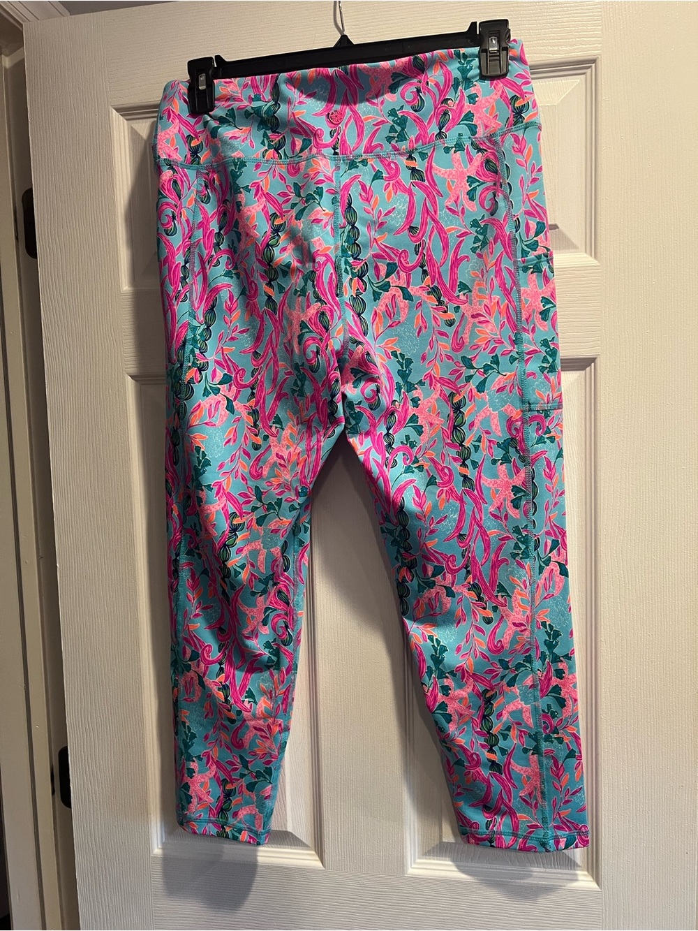Lilly Pulitzer Aqua Leggings with Pink & Teal Floral Print - Picture 4 of 5
